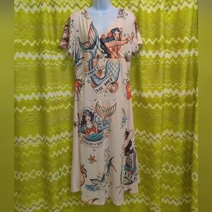Sailor Jerry Style Mermaid Tattoo Maxi Dress